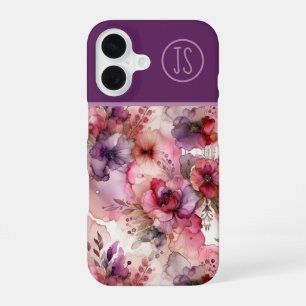 Coque iPhone 16 Fleurs roses et violettes Encre alcoolique Monogra