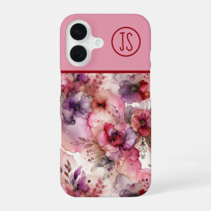 Coque iPhone 16 Fleurs roses et violettes Encre d'alcool Monogramm