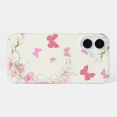 Coque iPhone 16 Fleurs roses, papillons, fond rose pâle (Verso Horizontal)