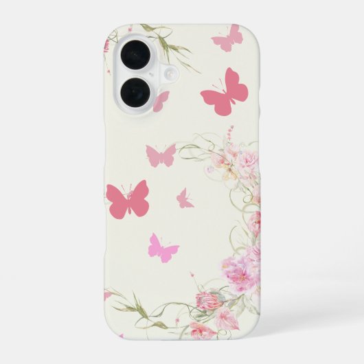 Coque iPhone 16 Fleurs roses, papillons, fond rose pâle (Verso)