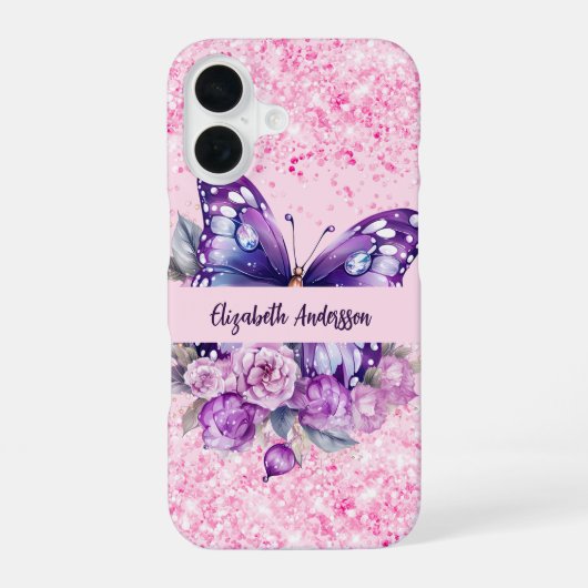 Coque iPhone 16 Fleurs roses violettes papillon (Verso)