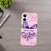 Coque iPhone 16 Fleurs roses violettes papillon