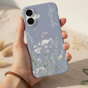Coque iPhone 16 Fleurs sauvages aquarelles bleu poussiéreux Bohème