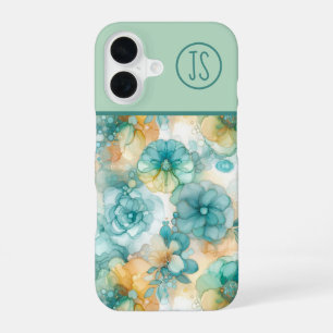 Coque iPhone 16 Fleurs turquoises et jaunes Encre d'alcool Monogra