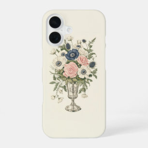 Coque iPhone 16 Fleurs vert mauve bleu rose ivoire vintage