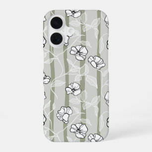 Coque iPhone 16 Fleurs vert sauge moderne motif floral rayé