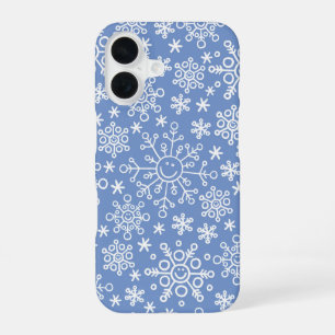Coque iPhone 16 Flocons de neige gribouillés blancs et fond bleu