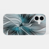 Coque iPhone 16 Floral Fractal Moderne Fleur Abstrait gris bleu (Verso Horizontal)