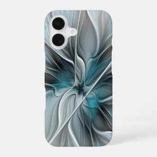 Coque iPhone 16 Floral Fractal Moderne Fleur Abstrait gris bleu