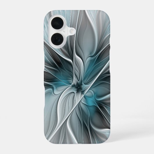 Coque iPhone 16 Floral Fractal Moderne Fleur Abstrait gris bleu (Verso)