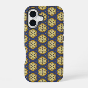 Coque iPhone 16 Floral or et bleu et Motif Teardrop