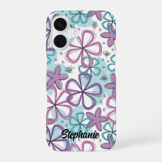 Coque iPhone 16 Flore - Doodle Flowers avec étoiles et marques (Verso)