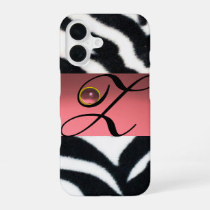 COQUE iPhone 16 FOURRURE DE ZÈBRE NOIR BLANC AVEC MONOGRAMME GEMME