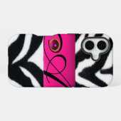 COQUE iPhone 16 FOURRURE DE ZÈBRE NOIR BLANC MONOGRAMME GEMME FUCH (Verso Horizontal)