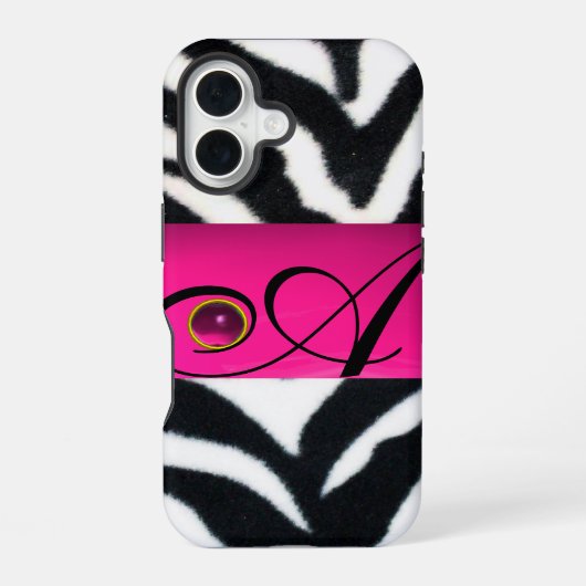 COQUE iPhone 16 FOURRURE DE ZÈBRE NOIR BLANC MONOGRAMME GEMME FUCH (Verso)