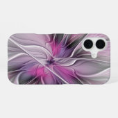 Coque iPhone 16 Fractal Floral Moderne Abstrait Fleur Rose Gris (Verso Horizontal)