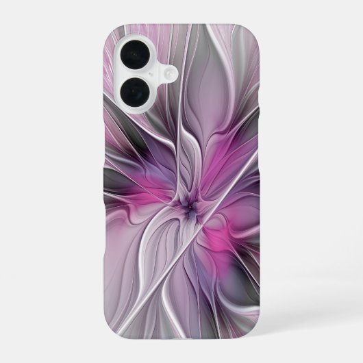 Coque iPhone 16 Fractal Floral Moderne Abstrait Fleur Rose Gris (Verso)