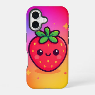 Coque iPhone 16 Fraise Kawaii souriante sur Pastel Gradient Backg