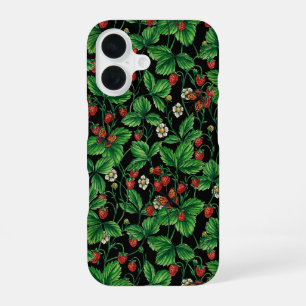 Coque iPhone 16 Fraises des bois sur fond noir