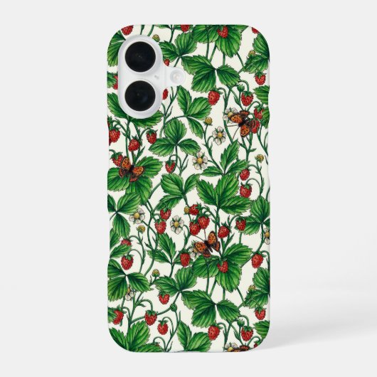 Coque iPhone 16 Fraises sauvages sur fond blanc cassé (Verso)