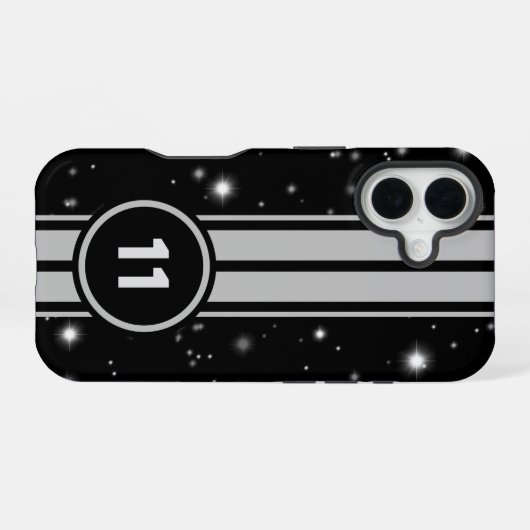 Coque iPhone 16 Frappe de course noir et argent (Verso Horizontal)