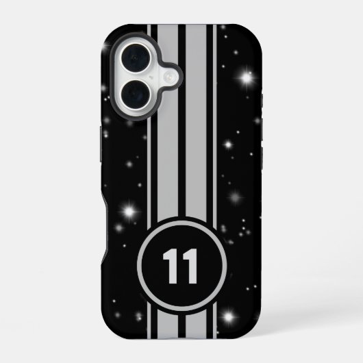 Coque iPhone 16 Frappe de course noir et argent (Verso)