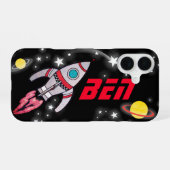 Coque iPhone 16 Fusée spatiale noire et rouge pour enfants (Verso Horizontal)