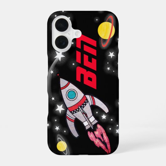 Coque iPhone 16 Fusée spatiale noire et rouge pour enfants (Verso)