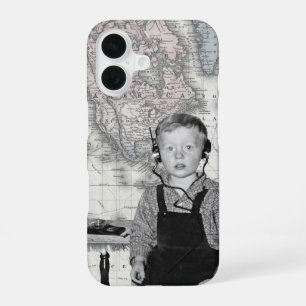 Coque iPhone 16 Garçon avec carte de poste de radio à cristal