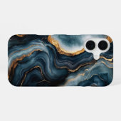 Coque iPhone 16 Géode d'Agate avec or et marbre bleu marine (Verso Horizontal)