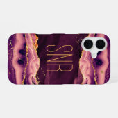 Coque iPhone 16 Géode d'agate magenta Monogramme Nom Paillettes do (Verso Horizontal)