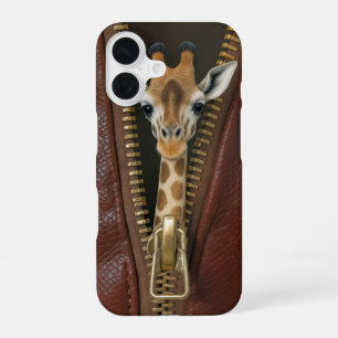 Coque iPhone 16 Girafe dans une fermeture éclair sur du cuir