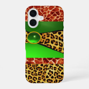 COQUE iPhone 16 GIRAFFE IMPRIMÉE PEAU DE LÉOPARD VERT ÉMERAUDE GEM