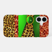 COQUE iPhone 16 GIRAFFE LÉOPARD PEAU VERT EMERALD GEM IMPRIMÉ (Verso Horizontal)
