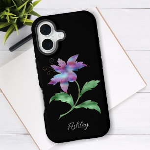 Coque iPhone 16 Grande fleur iridescente, nom de script sur fond n