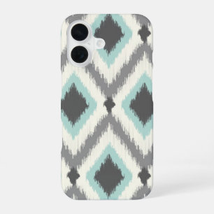 Coque iPhone 16 Gray and Mint Tribal Ikat Chevron