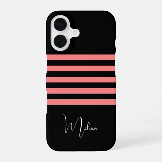 Coque iPhone 16 Grille rose noire moderne Monogramme (Verso)
