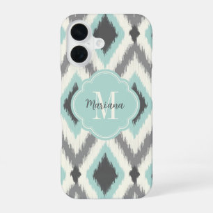 Coque iPhone 16 Gris et Menthe Tribal Ikat Chevron Monogramme