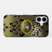 Coque iPhone 16 GRIS NOIR DAMAS GEMME MONOGRAMME Floral (Verso Horizontal)