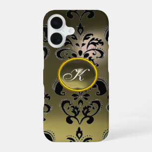 Coque iPhone 16 GRIS NOIR DAMAS GEMME MONOGRAMME Floral