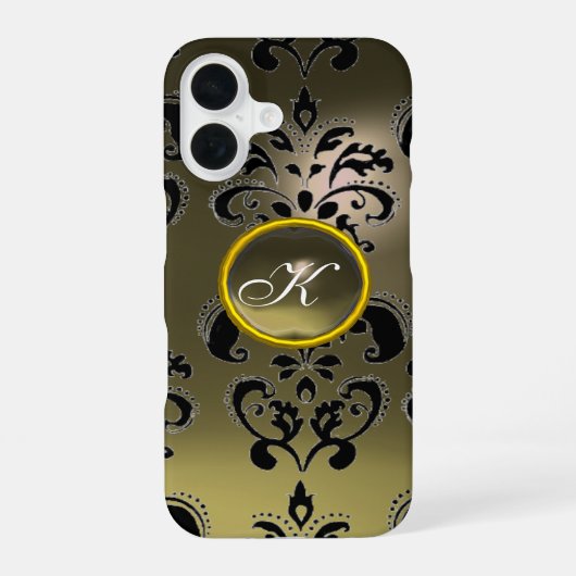 Coque iPhone 16 GRIS NOIR DAMAS GEMME MONOGRAMME Floral (Verso)