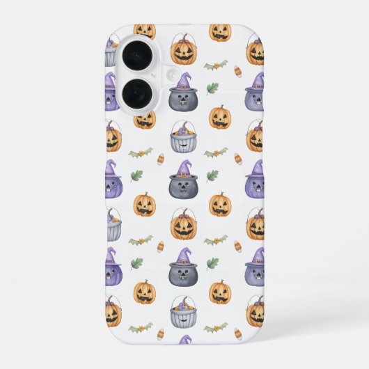 Coque iPhone 16 Halloween Cats and Pumpkins Pattern (Verso)