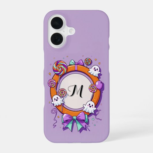 Coque iPhone 16 Halloween Ghost and Candy Wreath in Purple (Verso)