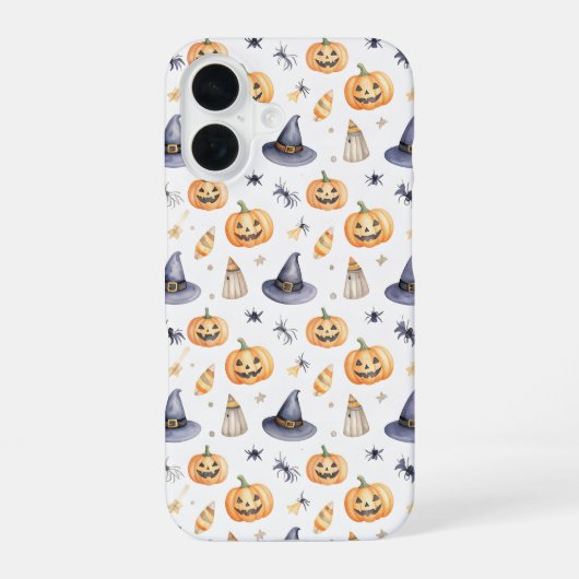 Coque iPhone 16 Halloween Pumpkins and Witch Hats Pattern (Verso)