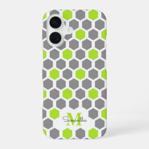 Coque iPhone 16 Hexagone gris vert citron moderne avec monogramme