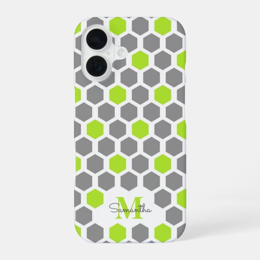 Coque iPhone 16 Hexagone gris vert citron moderne avec monogramme (Verso)