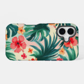 Coque iPhone 16 Hibiscus et Palm Feuille Motif (Verso Horizontal)