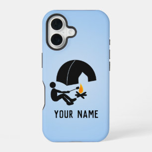 Coque iPhone 16 Homme de camping avec tente, ajoutez votre nom au