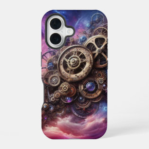 Coque iPhone 16 Horlogerie industrielle Steampunk Violet et Rose