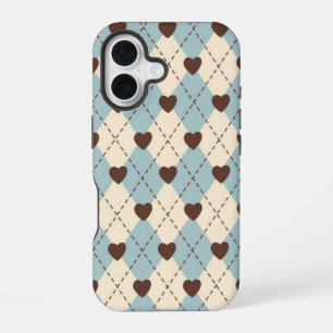 Coque iPhone 16 Housse à motif cœur Argyle bleu esthétique et crèm